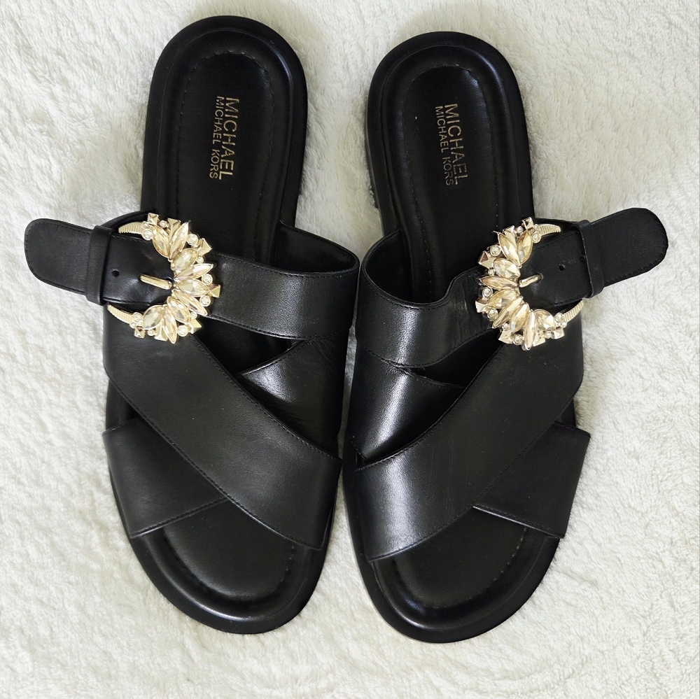 Michael Kors ✨️ Frieda Black Leather Slide Flat Sandals with Gold Buckle Size 8